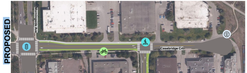 An image showing proposed changes on Casebridge Court which include a safety improvements at intersection of Casebridge Court and Morningside Avenue, a new sidewalk on the north side of Casebridge Court between Morningside Avenue and Venture Drive, cycle tracks between Morningside Avenue and Venture Drive, a new all-way stop at Casebridge Court and Venture Drive, and an improved connection to trail east of Casebridge Court.