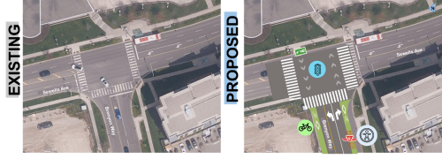 On the left is an image of current conditions at Sewells Road and Brenyon Way on the right is an image showing proposed changes at the intersection which include safety improvements, accessible bus platforms and new cycle tracks on both sides of Sewells Road.