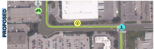 An image of proposed changes to Venture Drive showing a new multi-use path on the north-east side, tree impacts on the north side of Venture Drive and a new all-way stop and new crossing opportunity at Venture Drive and Water Tower Gate.