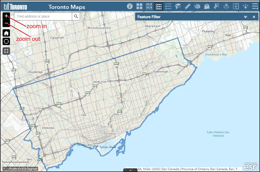 Toronto Maps buttons for zooming in and out