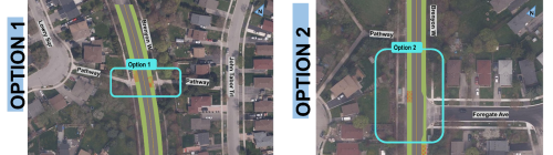 On the left is an image of Option 1 for a new crossing opportunity at pedestrian pathways on Brenyon Way connecting Lowry Square and John Tabor Trail/Wickson Trail and on the right side is Option 2 which is near Foregate Avenue and pedestrian pathways that connects to Tillbrook Court and Winstanly Crescent.