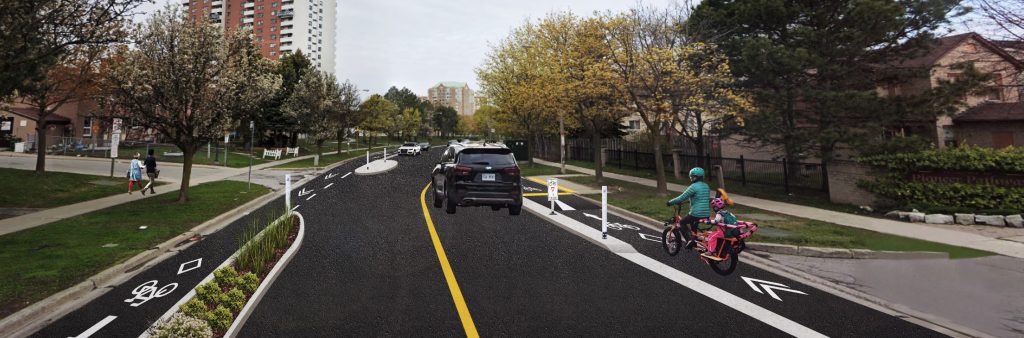 Artistic rendering of Brenyon Way showing cycle tracks on each side. A car is driving north and a cyclist is in the northbound bike lane and pedestrians are walking on the sidewalk on the other side of the road.