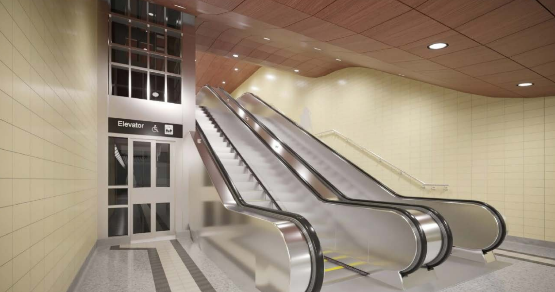 Artist rendering of escalator and elevator in a TTC station.