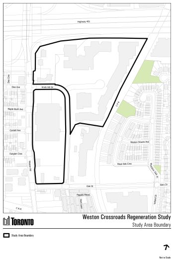 Map of Weston Crossroads Regeneration Area Study Boundary. The City of Toronto strives to adhere to the accepted guidelines and standards for accessibility and usability. However, it is not always possible to do so with all documents. Should you experience any difficulty reviewing our documents, please email cityplanning@toronto.ca.