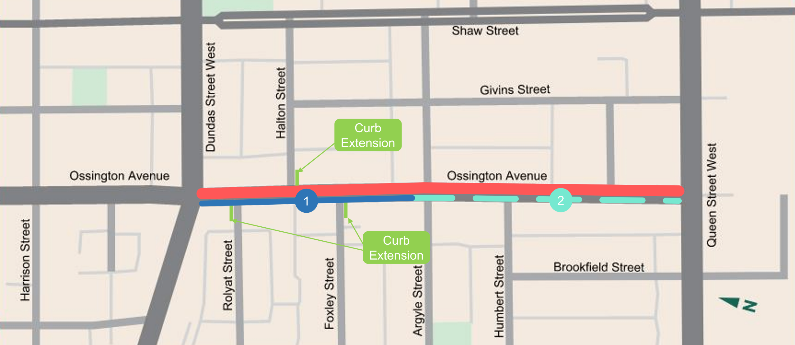 Map of project area along Ossington Avenue, from Dundas Street West to Queen Street West.