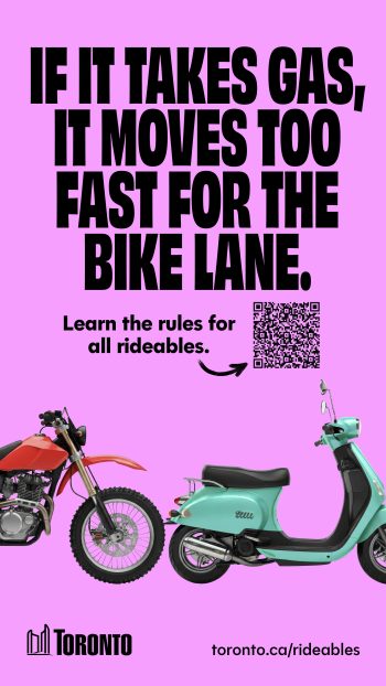Poster of a motorcycle and moped (motor scooter) on a purple background with the words, if it takes gas, it moves too fast for the bike lane. 