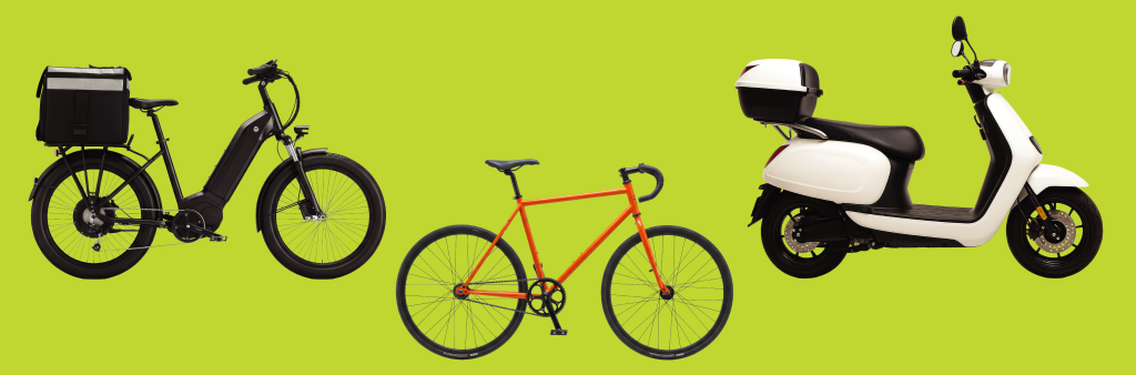 Image of a delivery bike, a bicycle, and an electric motor-scooter on a green background.