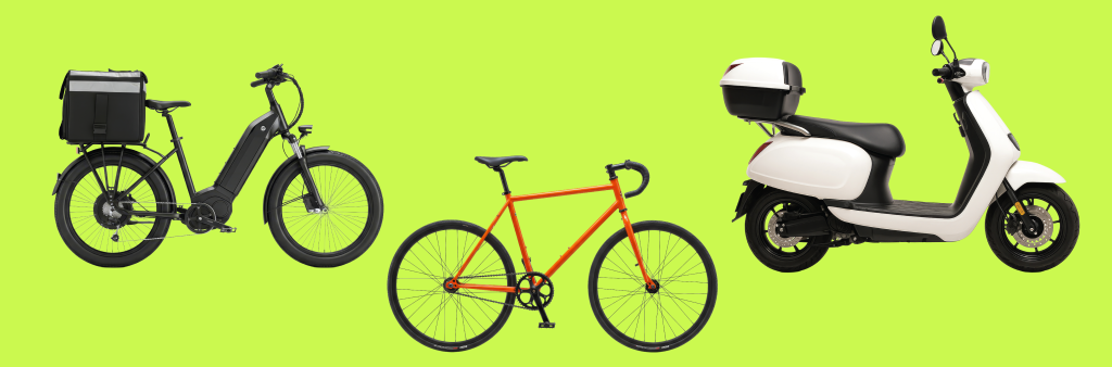Image of a delivery bike, a bicycle, and an electric motor-scooter on a green background.