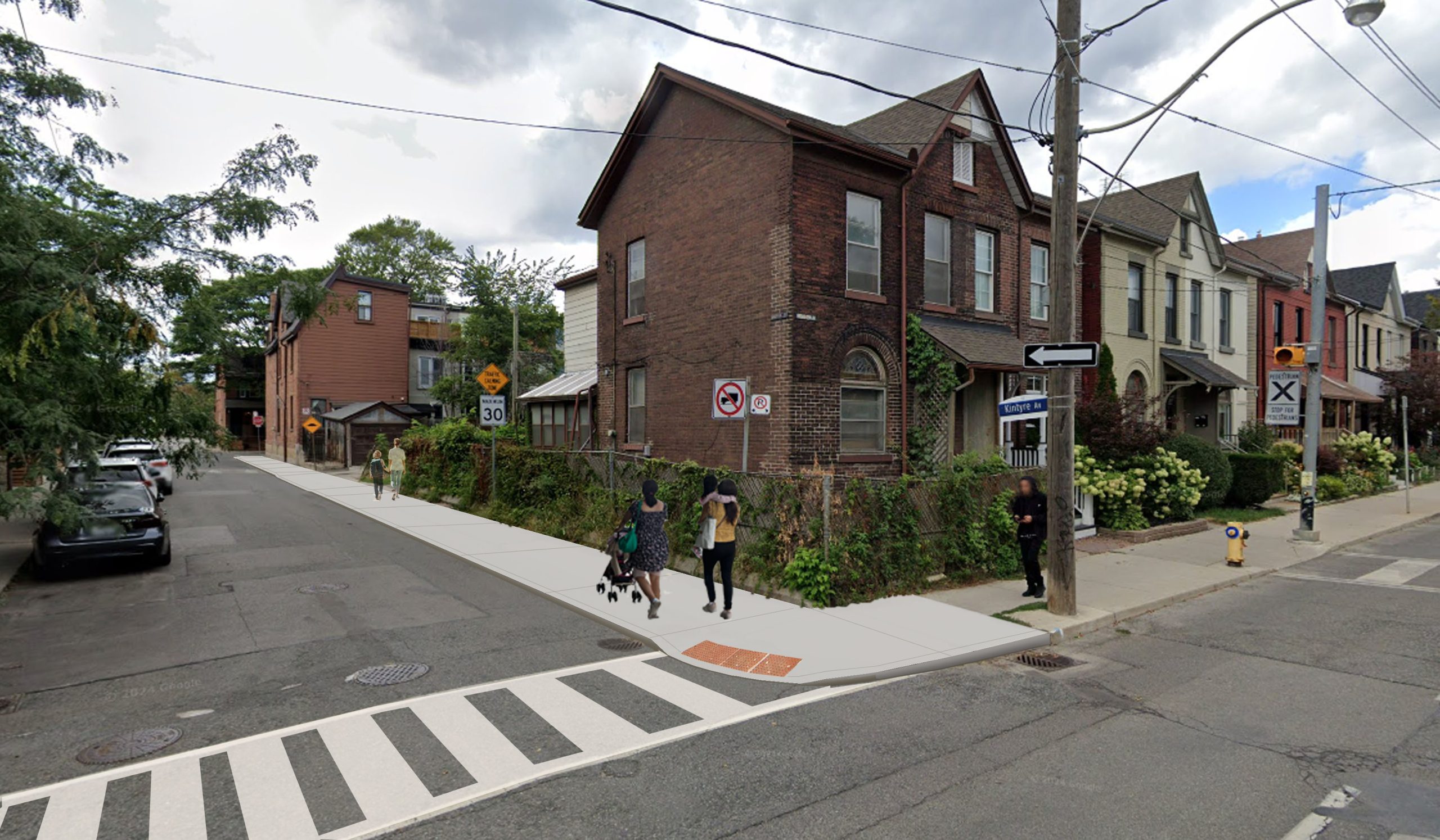 Artist rendering of widened sidewalks on Kintyre Avenue at Broadview Avenue, looking west