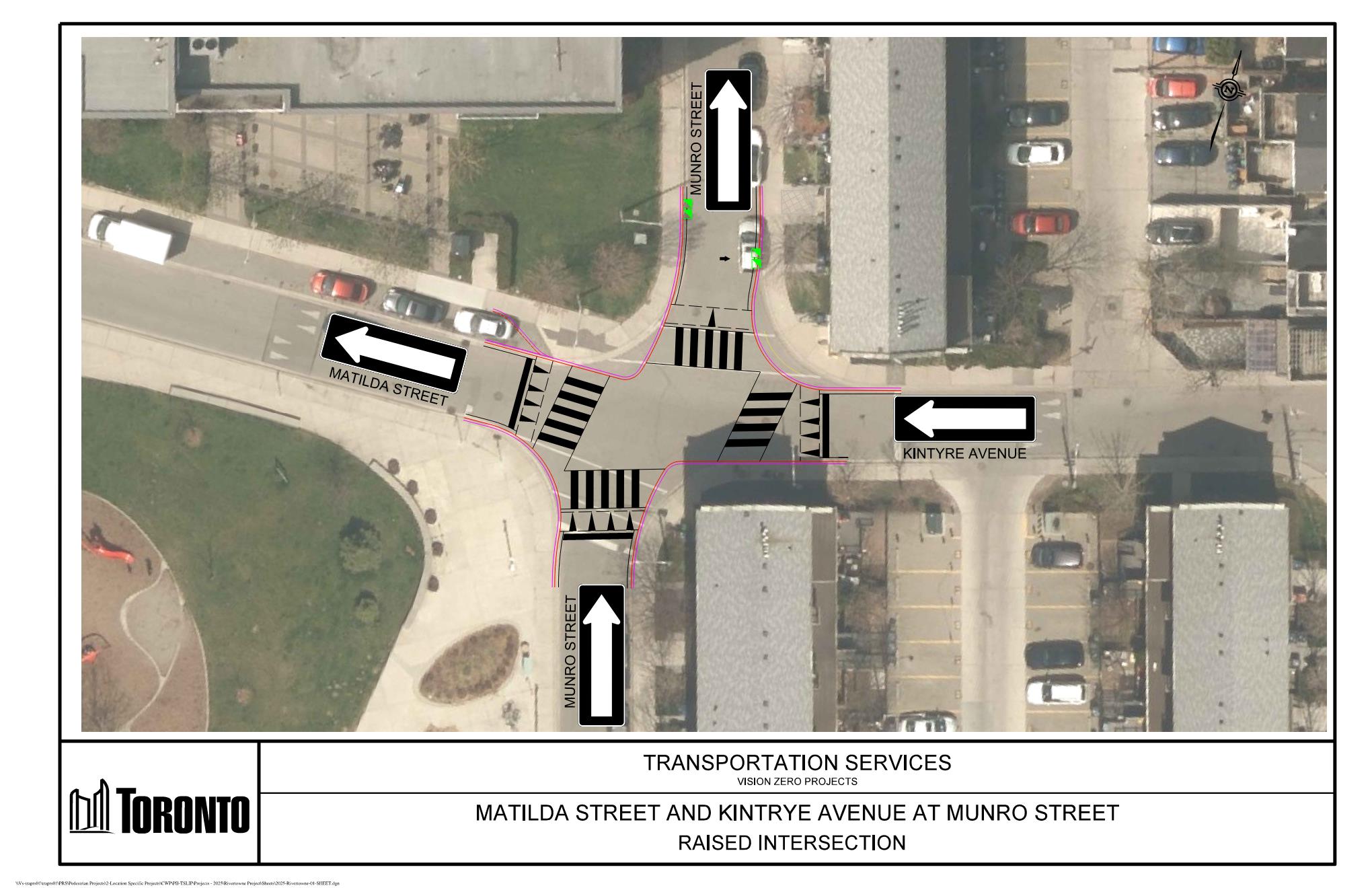 Aerial image of the planned raised intersection at Matilda Street, Kintyre Street and Munro Street, showing the direction of traffic.