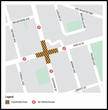 Map of work area at King Street West and Dufferin Street intersection. Please contact Mark De Miglio at 416 395 7178 or mark.demiglio@toronto.ca for more information.