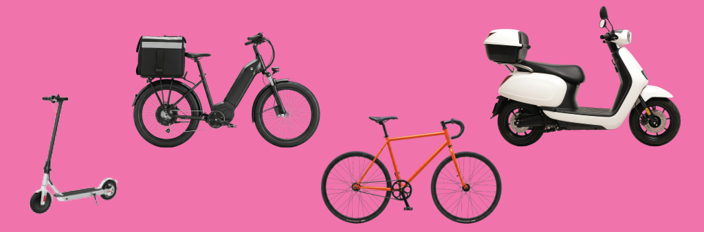Poster of an e-scooters (electric kick scooters), delivery bike, bike and electric motor-scooter on a pink background.