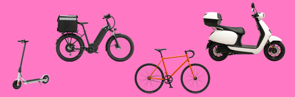 Poster of an e-scooters (electric kick scooters), delivery bike, bike and electric motor-scooter on a pink background.