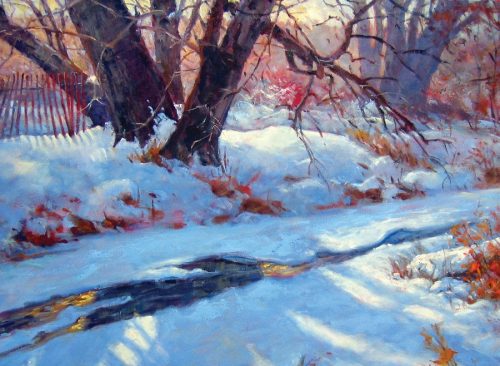 oil painting of sunlight through trees on snow