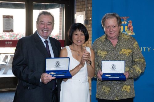 Robert Biancolin, Mayor Chow, Maurice Biancolin with their Keys to the City