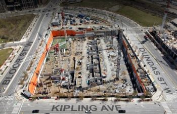 Development site bordered by Bloor St. W., Kipling Ave and Dundas St. W. with road names clearly indicated