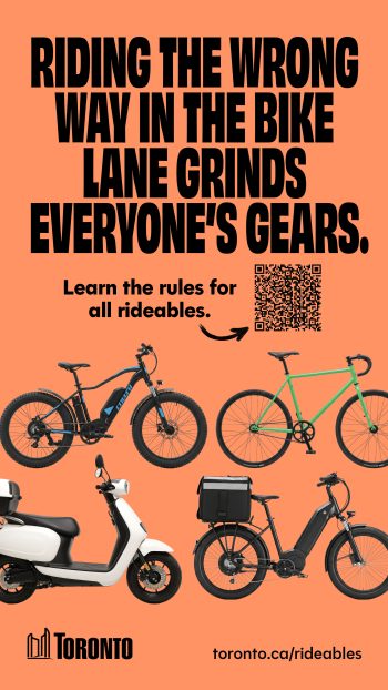 Poster of an electric powered bicycle, bike, electric motor-scooter and delivery bike on a orange background with the words, riding the wrong way in the bike lane grinds everyone's gears. 