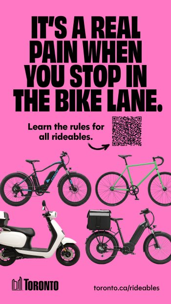 Poster of an electric powered bicycle, bike, electric motor-scooter and delivery bike on a pink background with the words, it's a real pain when you stop in the bike lane. 