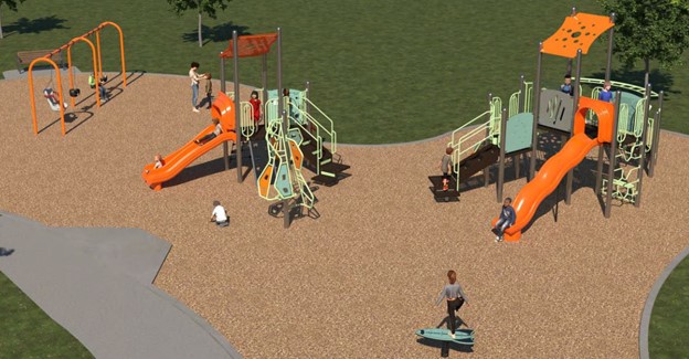Rendering of playground design B. From left to right, the swing set, the junior playground, and the senior playground with monkey bars.