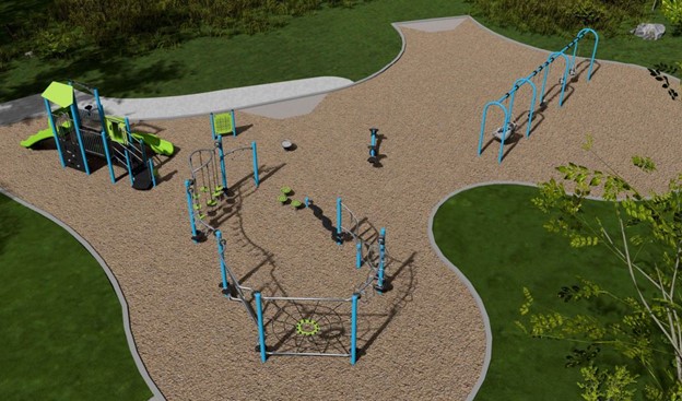 Rendering of playground design A. From left to right: a junior play structure, senior ropes course and balance play, swings, spring rider and play panel