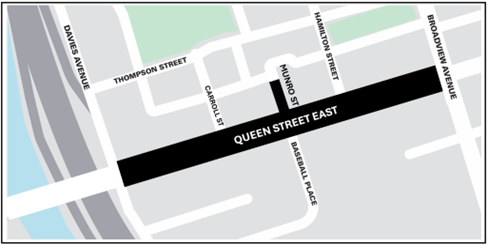 Map of Construction Area showing Queen Street East from Davies to Broadview Avenue. For more information contact Nathalie Forde at 416-392-3556 or email roadconstruction@toronto.ca
