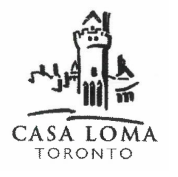 A line drawing in black of a castle type building with text below reading CASA LOMA TORONTO.