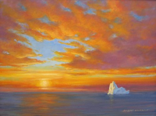 painting of a sunset with orange clouds on a blue background with ocean and an iceberg in the foreground