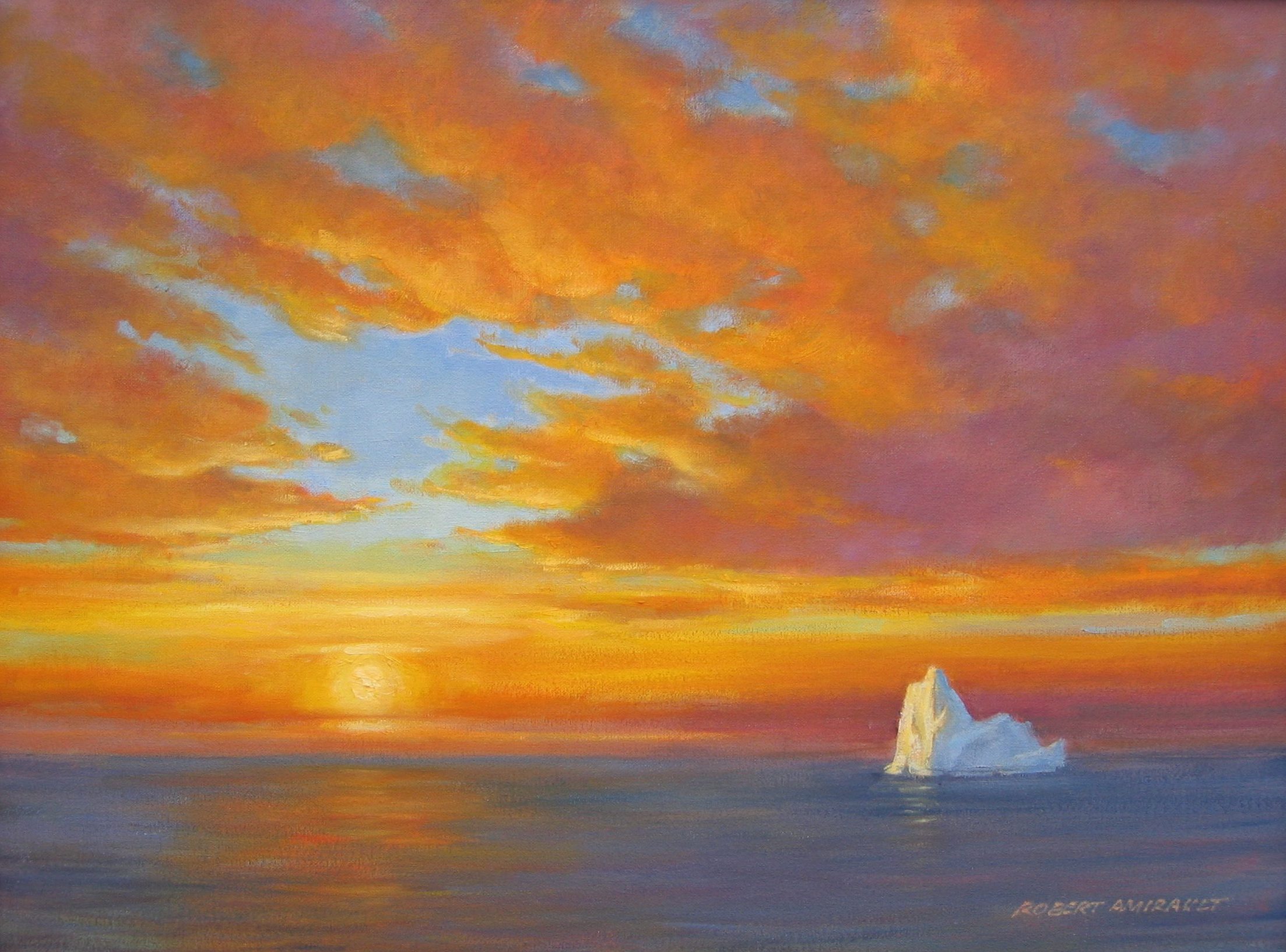 painting of a sunset with orange clouds on a blue background with ocean and an iceberg in the foreground