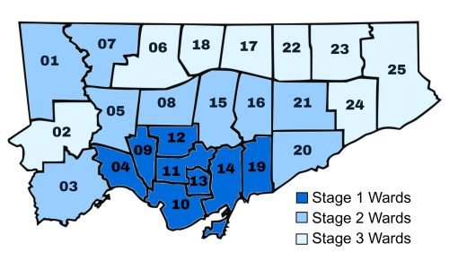 A map showing the City of Toronto boundaries and the geographic staging of the Avenues Phase Two work.
