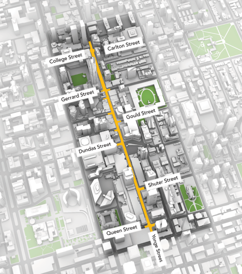  Map showing Yonge Street from Queen Street to College/Carlton Street, with key intersections marked at Shuter, Dundas, Gould, and Gerrard. Yonge Street is highlighted in yellow, with surrounding building outlines visible.