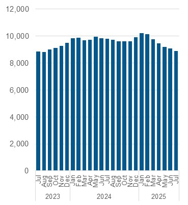 Chart outlining the average nightly occupancy, shelter and overnight service system. Data also in the table below.