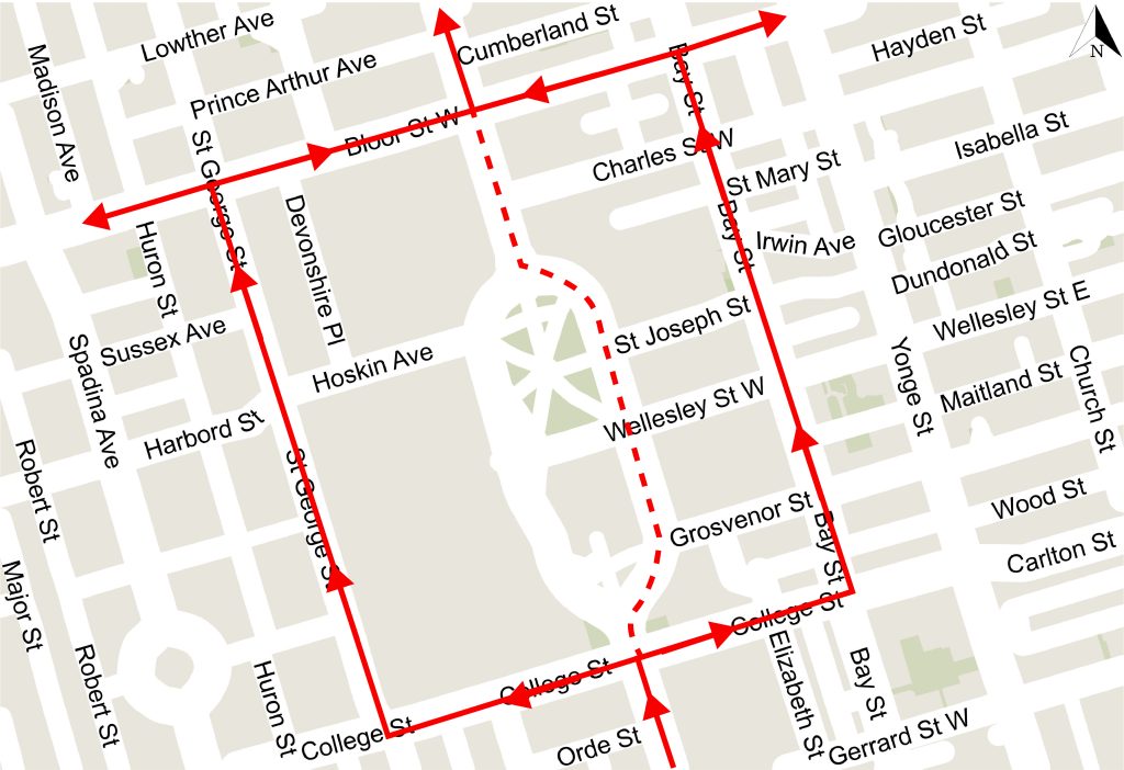 Map of cycling detour route on Queens Park Crescent East during construction between College Street and Bloor Street West. Arrows direct people cycling northbound in two directions. First option is east on College Street, north on Bay Street and west on Bloor Street West to Avenue Road. Second option is west on College Street, north on St. George Street, and east on Bloor Street West to Avenue Road. 