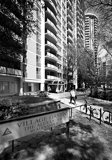 A tall apartment building. 