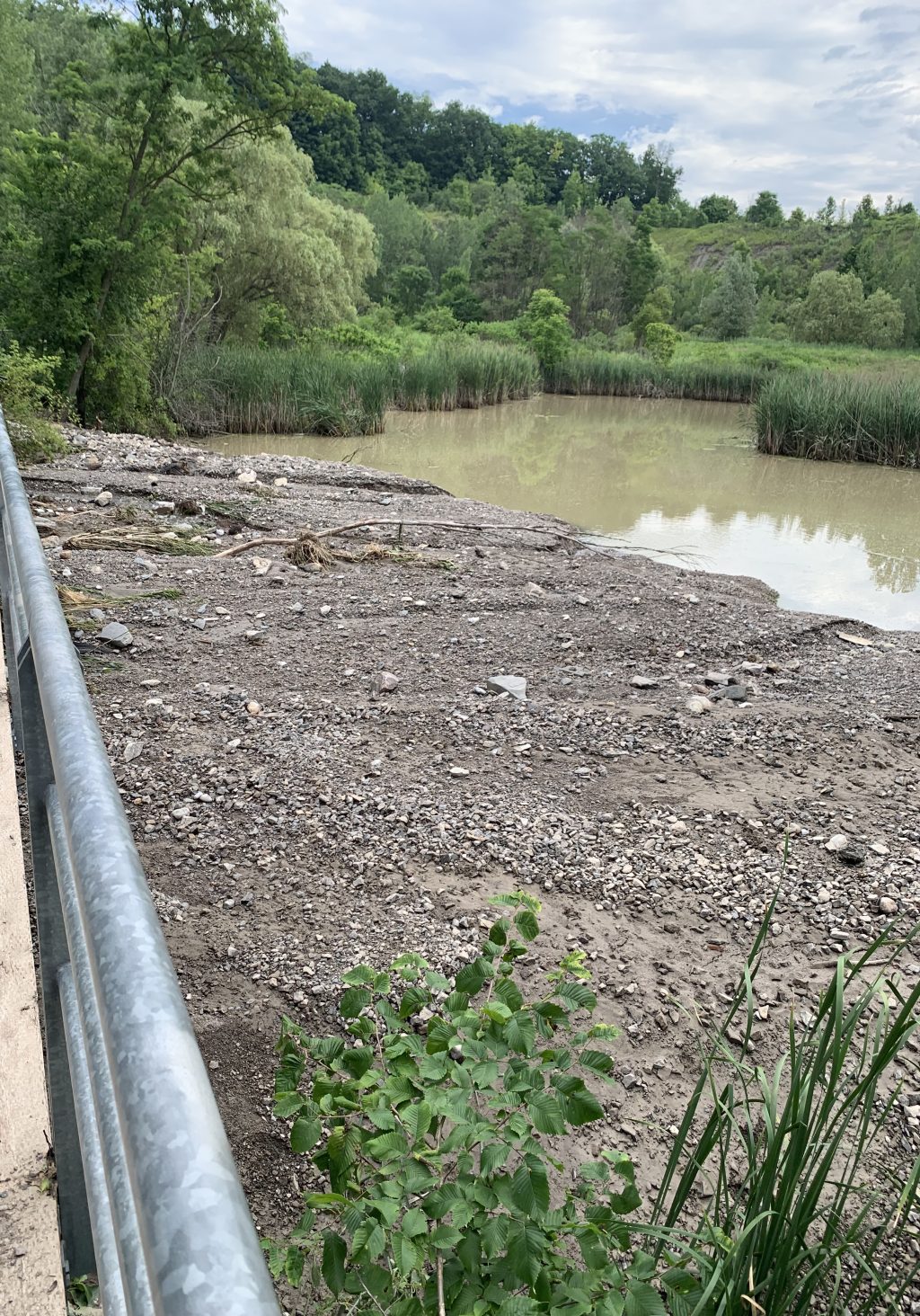 A large area of fine sediment wash-out following the Mud Creek Inlet damage caused by flooding in July 2024. A large area of granular material has flowed underneath a boardwalk and into the ponds.