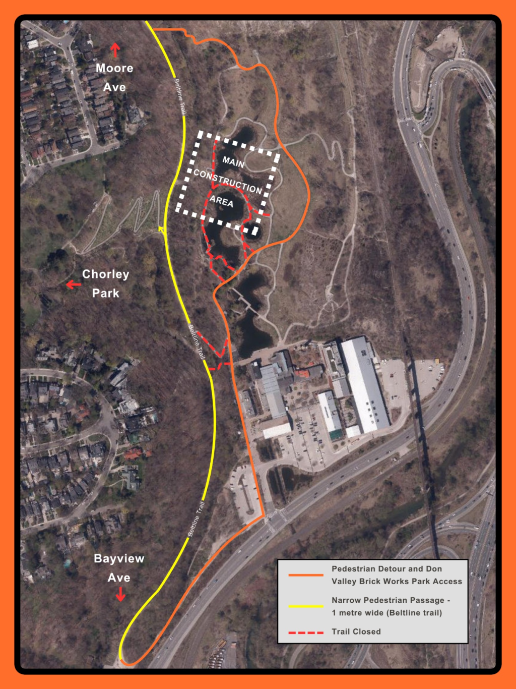Map of the Mud Creek Inlet Restoration Project area, showing reduced access along the Belt Line Trail from Bayview to Governors Bridge, a detour route through Don Valley Brick Works Park, and trail and access closures throughout Valley Brick Works Park.