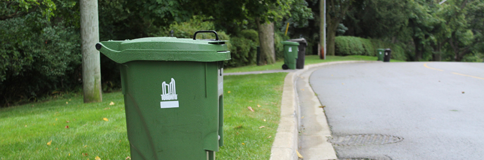 A Green Bin set out by the curb.