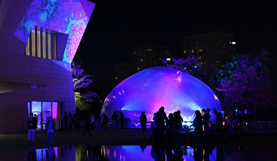 Silhouettes of people in front of projected light artworks on building and dome