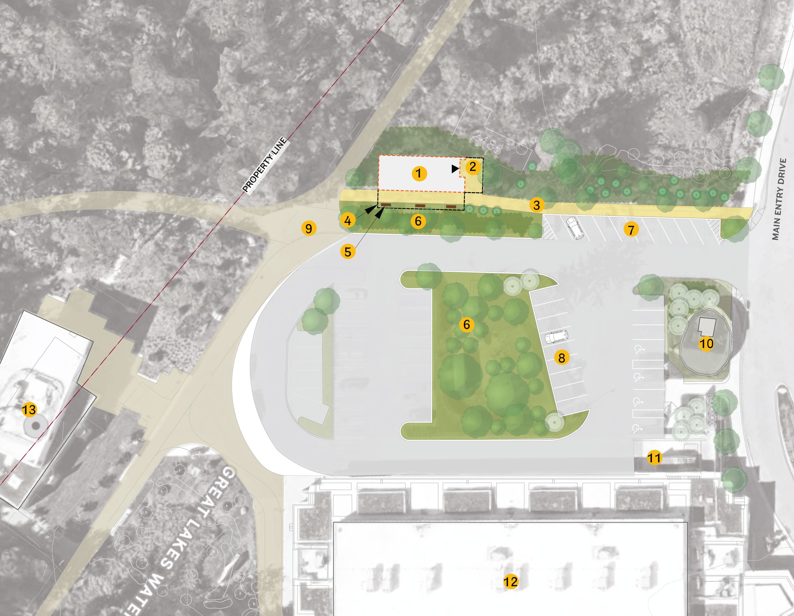Site plan for Option A showing the proposed washroom building on the north side of the existing parking lot, east of the entrance area to two existing trails. Numbered features on the map are described in the first list following the image.
