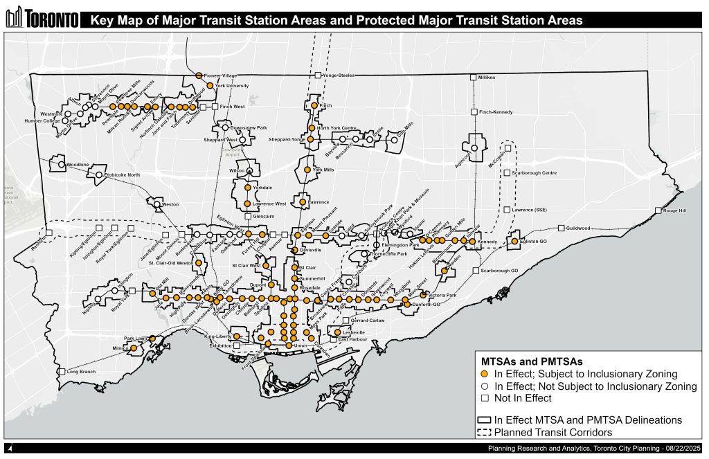 Key map of Major Transit Station Areas and Protected Major Transit Station Areas. Including those that are in effect, and those not in effect.