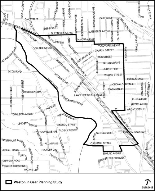 The Study Area is comprised of an area bounded to the north by the CN Rail Corridor, Queenslea Avenue, Walwyn Avenue, Lamont Avenue, Langside Avenue and Woodward Avenue, to the east by Pine Street, wright Avenue and Sam Frustaglio Drive, to the west by the Humber River and to the south by Edmund Avenue.