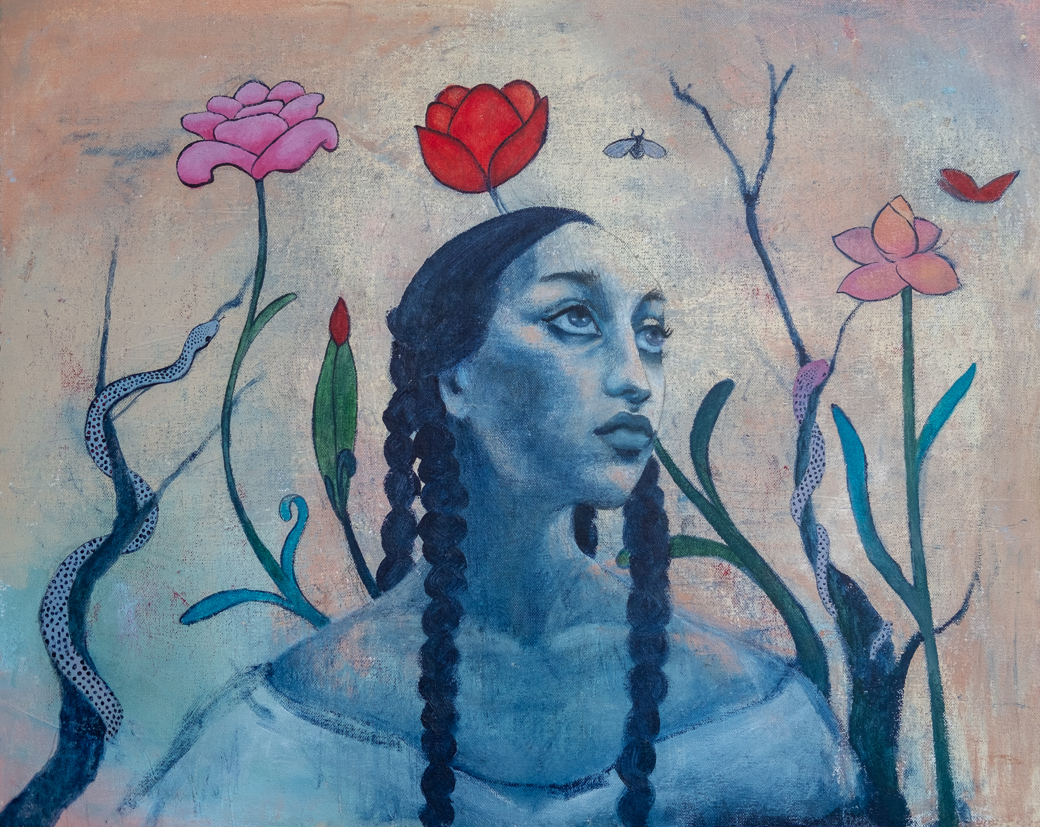 A young girl painted in blue hues surrounded by tall flowers.