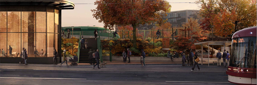 A 3D rendering showing an open plaza at street level with a seatwall, a drinking fountain and bottle filler, a vegetated wall and a metal stair leading to an upper level of the park.