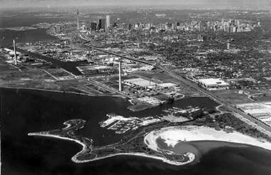 Aerial view of the Port Lands on the Toronto waterfront.