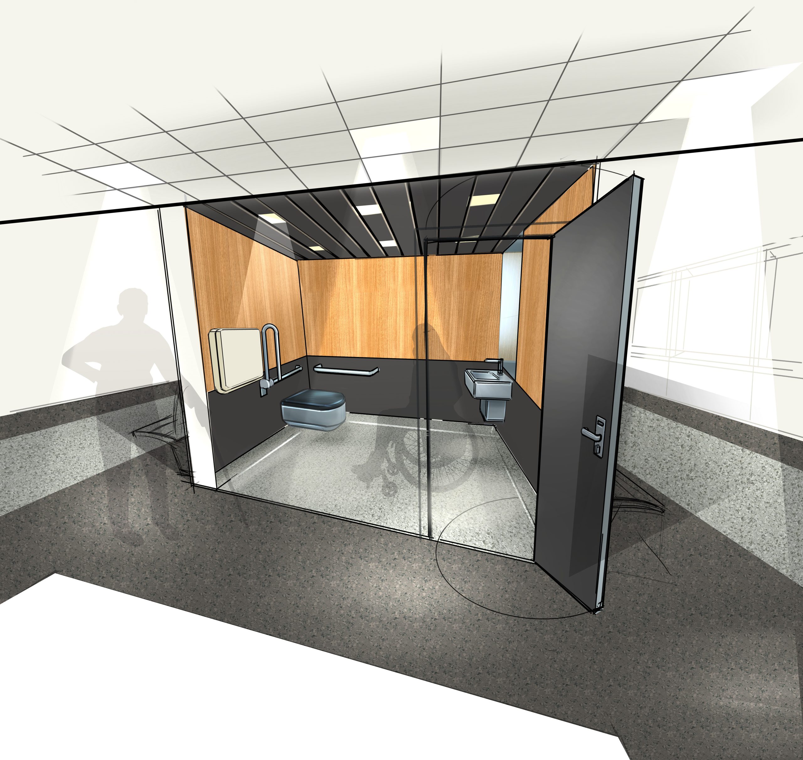 Interior rendering of the washroom which is large enough for a wheelchair and has handrails, low sink and a change table.