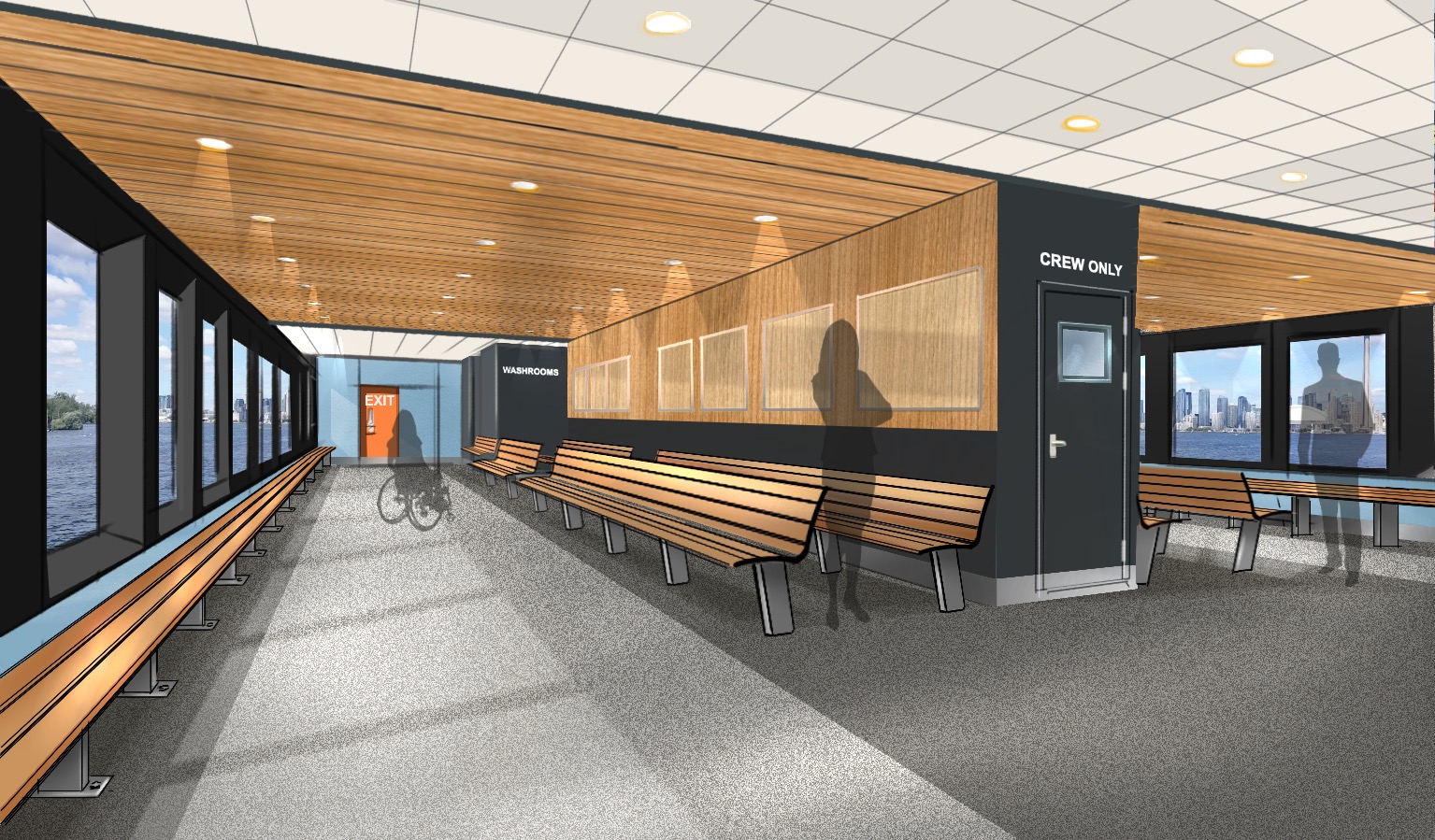 Inside of the ferry passenger area with long benches on either side of a wide aisle.