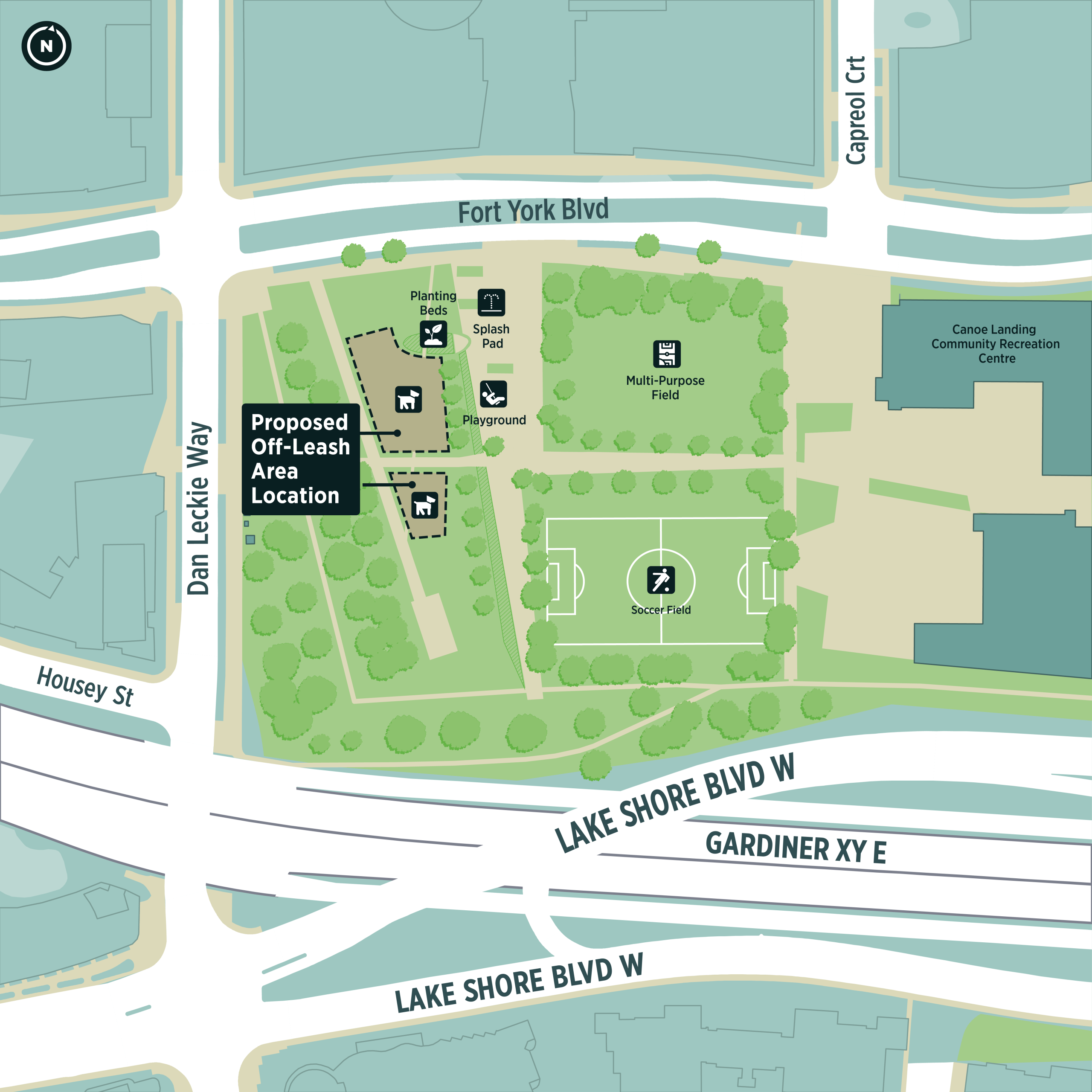 Map of Canoe Landing Park showing the proposed expansion of the existing. The expansion extends south beyond the main west-east pathway.