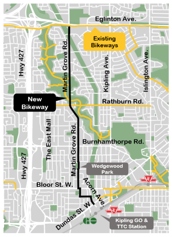 Map highlighting Martin Grove Road at Eglinton Avenue West in the north going south to Dundas Street West in the south.