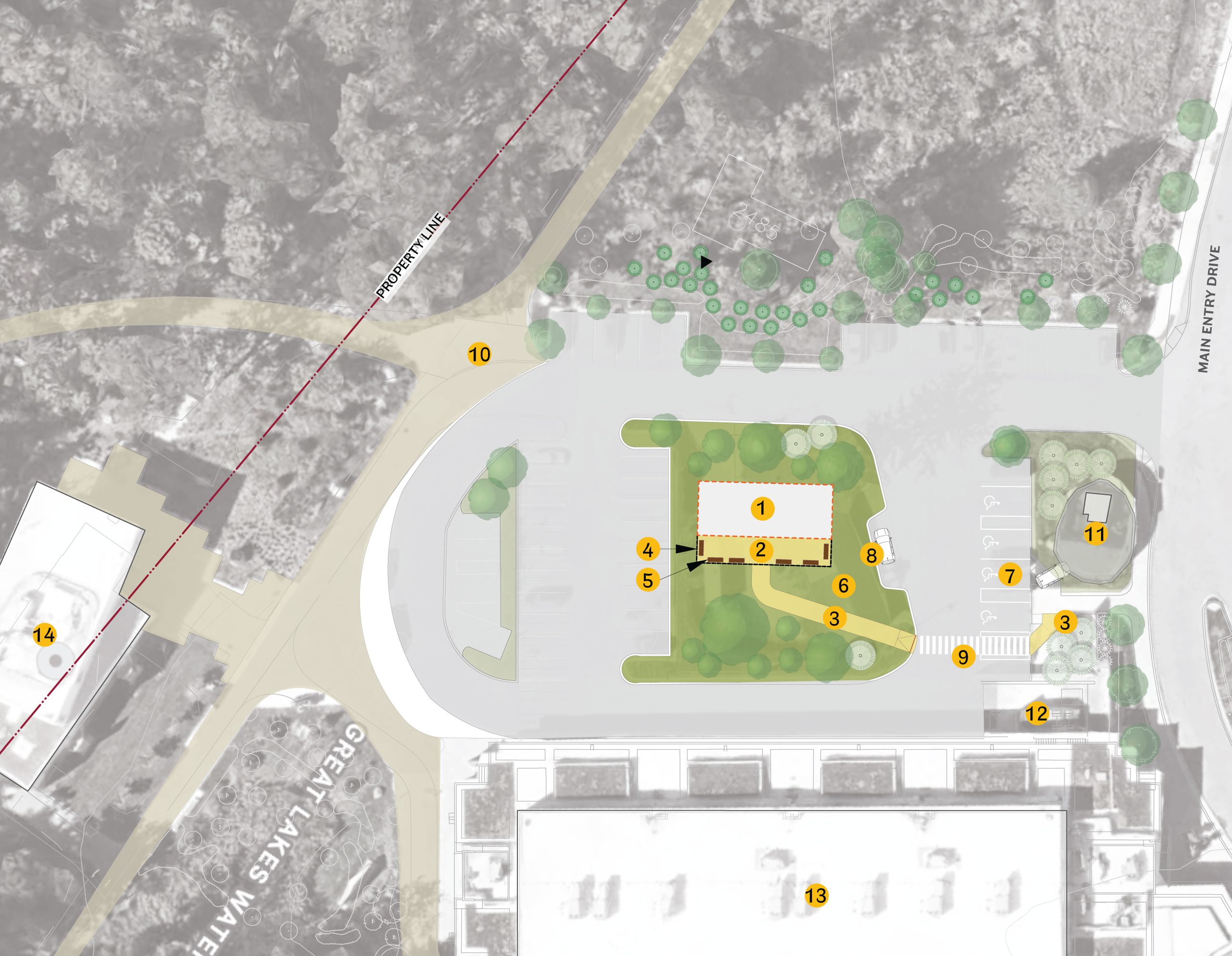 Site plan for Option B showing the proposed washroom building on the green space island situated at the centre of the existing parking lot. Numbered features on the map are described in the first list following the image.