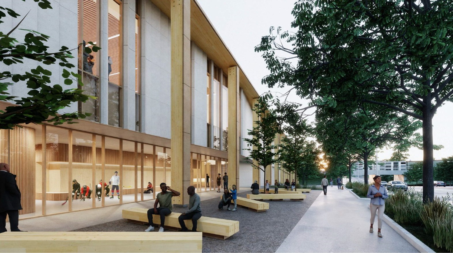 Rendering of the side view of the community centre with floor-to-ceiling windows showing the arena inside.