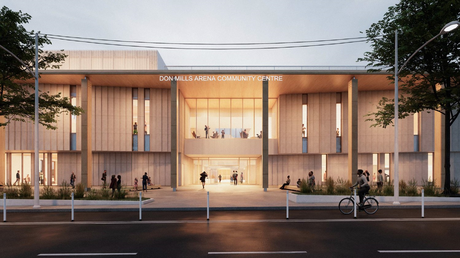 A rendering of the street-facing view of the community recreation centre with a wide entrance and tall windows. The sign “Don Mills Arena Community Centre” is displayed above the entrance.